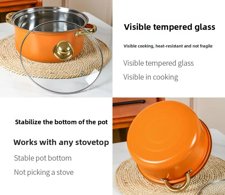 Juego de Ollas de Acero Inoxidable de 12 Piezas, Olla para Sopa, Sartén Antiadherente, Olla para Leche con Asa Dorada