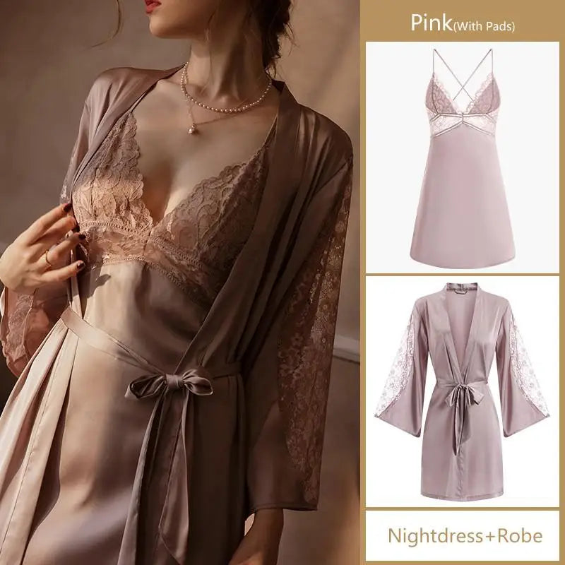 Sexy Intimate Lingerie Perspective Nightwear Lace Patchwork Home Wear Robe Suit Lady Kimono Gown Sleepwear Satin Nighty Bathrobe