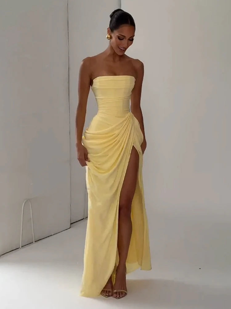 Vestido Maxi Plisado Sólido Sexy con Cuello Halter para Mujer, sin Mangas, sin Espalda, con Cintura Ajustada y Abertura, Vestidos de Fiesta de Verano 2026