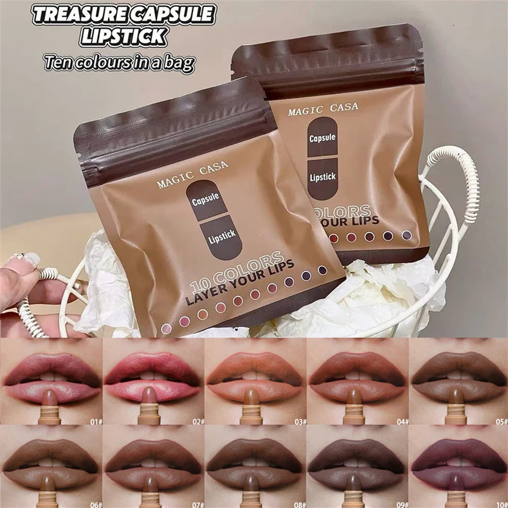 ‌ Set de 10 Labiales en Cápsula en Tonos Marrones, Acabado Mate y Suave ‌   Bálsamo Labial Mini de Larga Duración, Resistente a Manchas, Kit de Maquillaje Labial de Alta Pigmentación