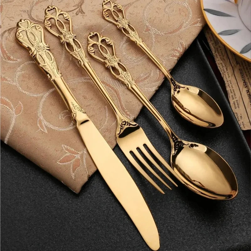 Juego de vajilla dorada de 24 piezas, juego de cubiertos de acero inoxidable, juego de cuchillos, tenedores y cucharas, juego de cubiertos, cuchillo, tenedor, cuchara, cuchara de té.