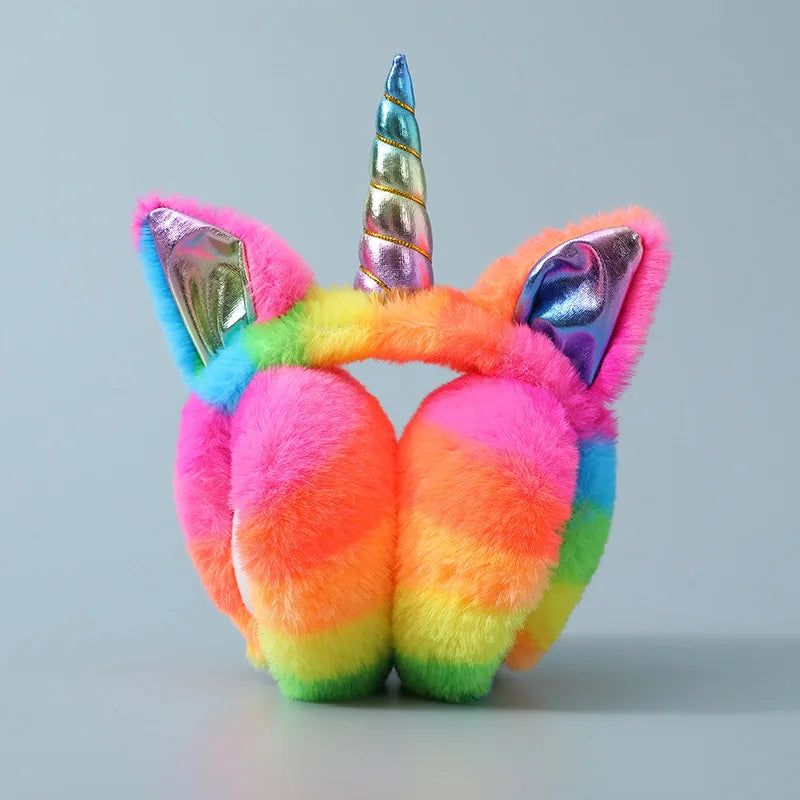 Orejeras de peluche de unicornio arcoíris, plegables, cálidas y portátiles, estilo femenino y lindo, orejeras a prueba de heladas y frío para otoño e invierno, regalo navideño