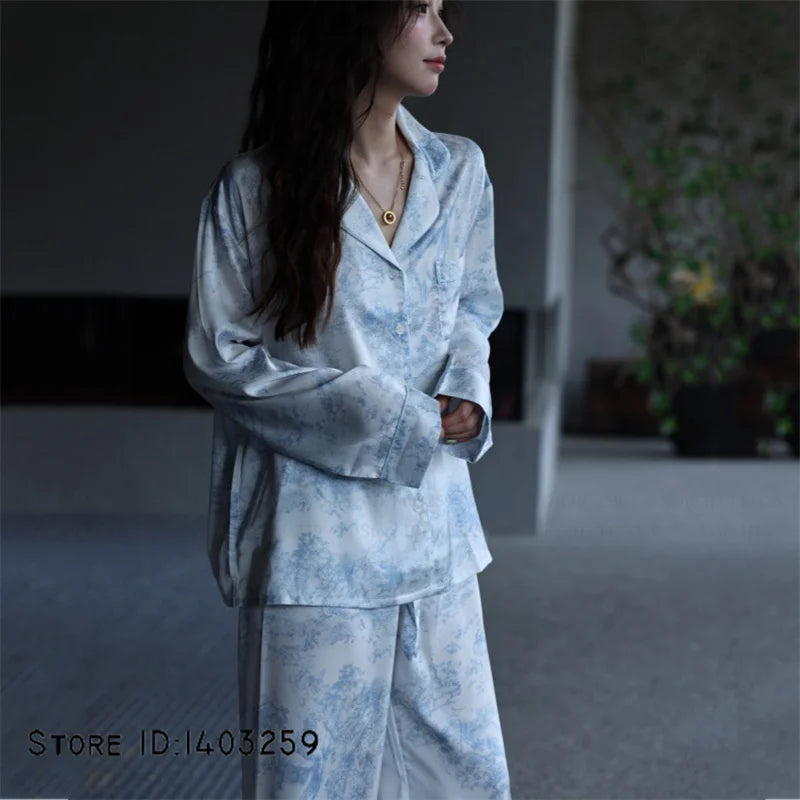 Nuevos Pijamas de satén sedoso para mujer, conjunto de 2 uds de Pijamas, ropa de dormir para primavera y otoño, ropa de salón, ropa de casa informal holgada para mujer, lencería