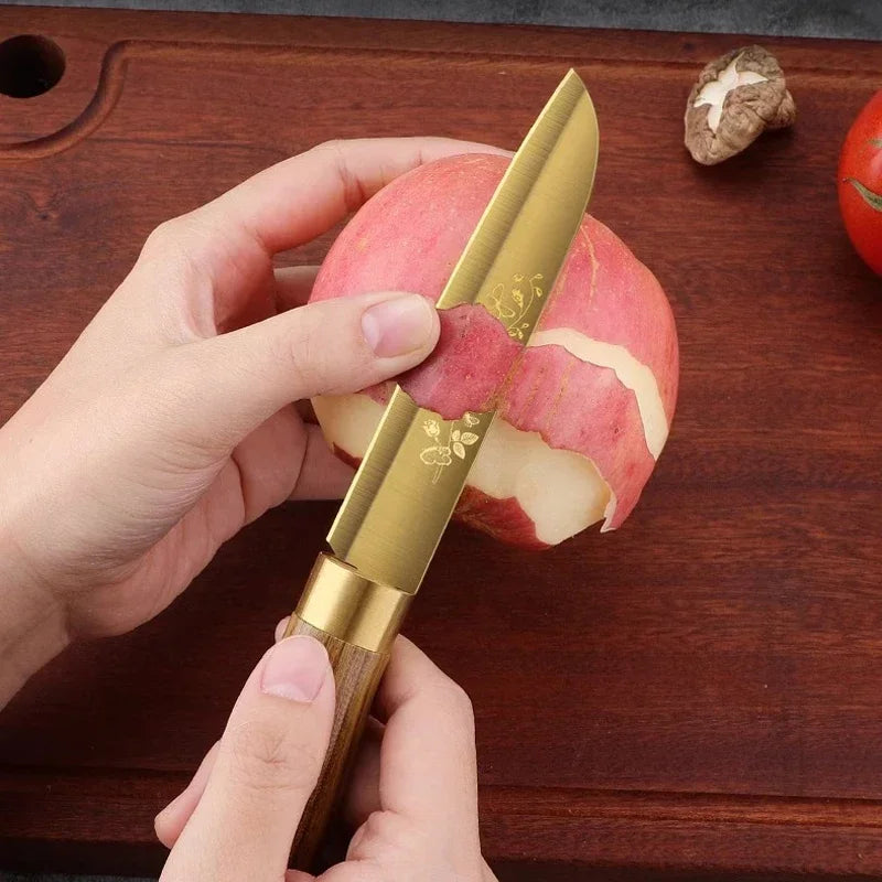 Juego de cuchillos de cocina de lujo dorados, ultra afilados, con hoja de acero inoxidable de primera calidad con revestimiento de titanio y mango de madera para cocinar, 4 piezas