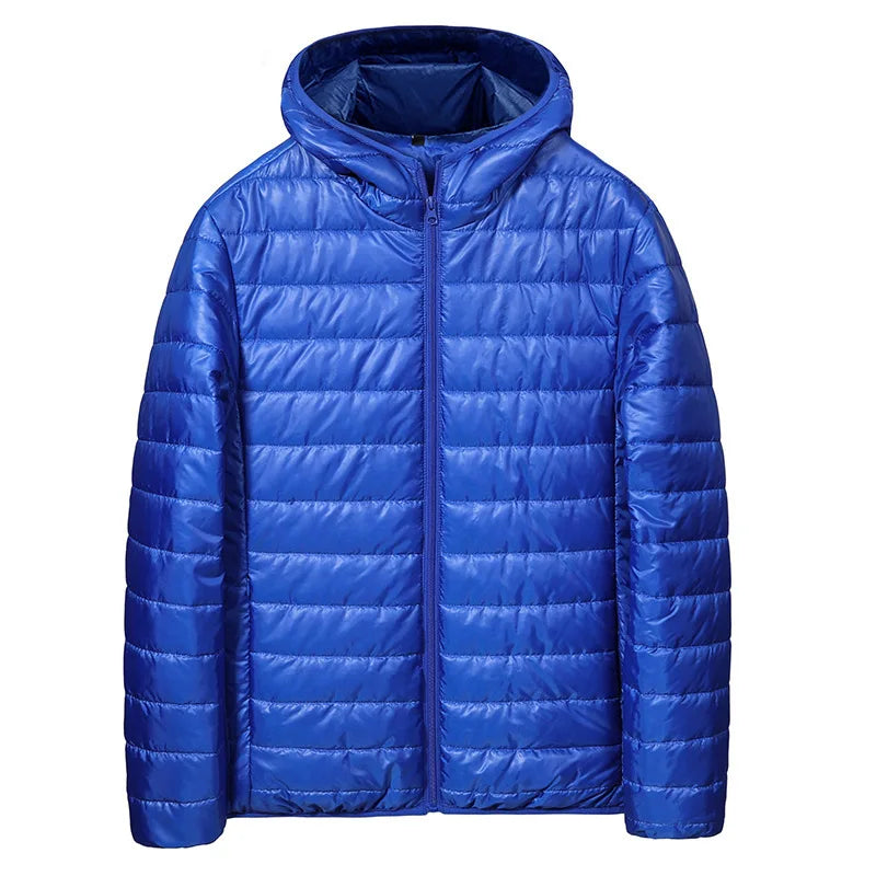 Chaqueta de plumón ligera para hombre, estilo nuevo de otoño-invierno, tipo abrigo acolchado, con cierre de cremallera y capucha, de fibra de poliéster.
