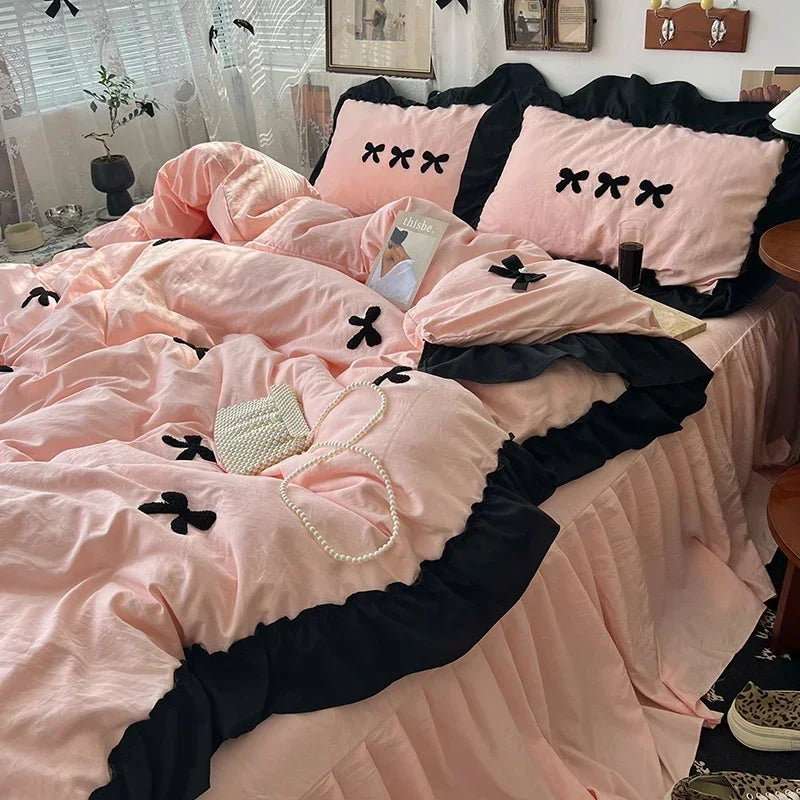 Juego de cama de algodón con lazo negro, funda nórdica suave y agradable para la piel estilo princesa para niña, sábana o funda de almohada para falda de cama