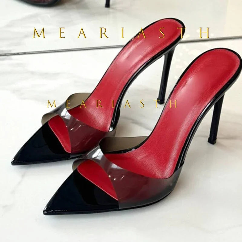 Mulas de cuero de Color caramelo para mujer, zapatos de tacón alto fino con punta abierta y punta abierta, zapatillas modernas sexis para fiesta para primavera y verano