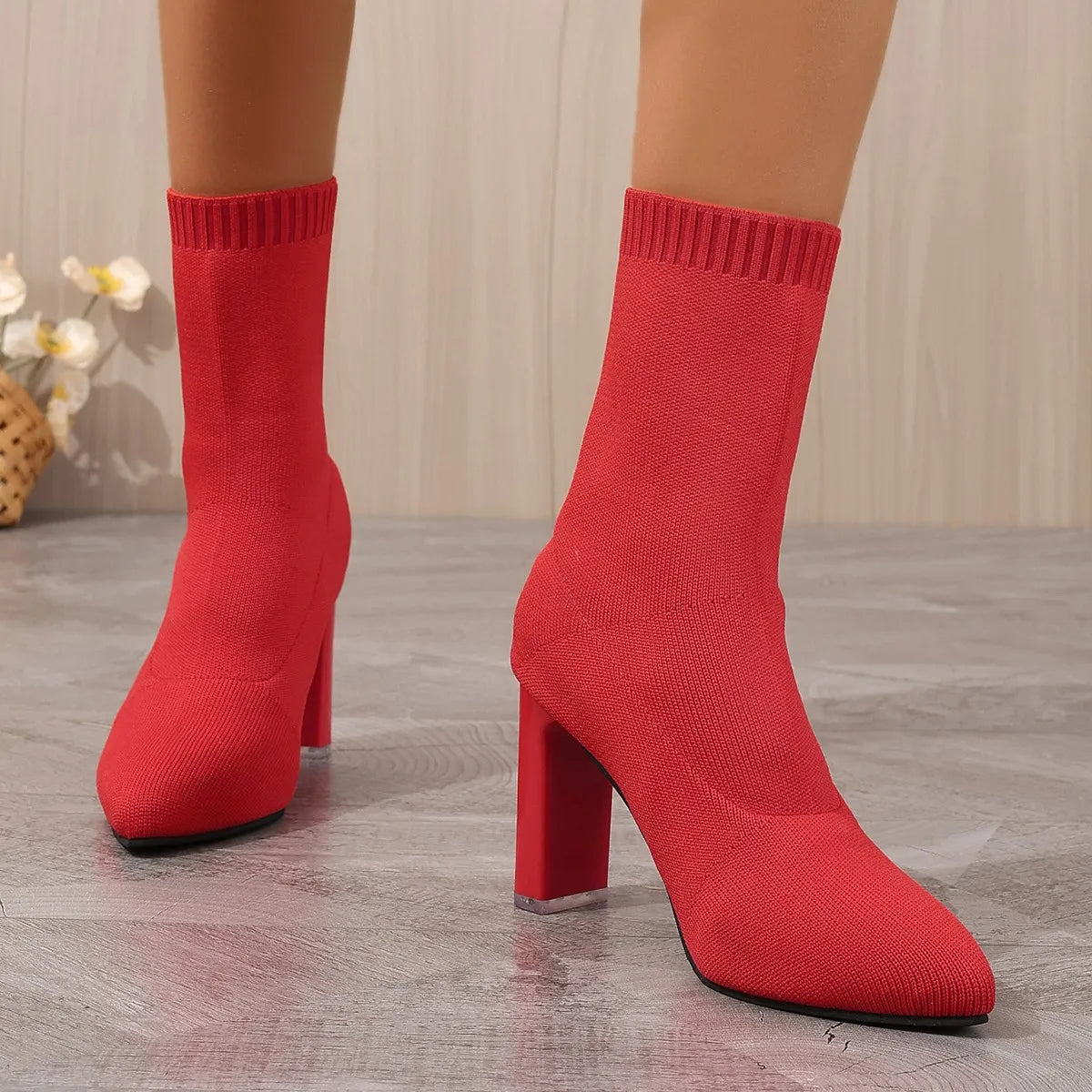 Botas de tacón alto grueso que combinan con todo para mujer, calcetines elásticos de tubo medio con punta estrecha, otoño e invierno, novedad de 2024