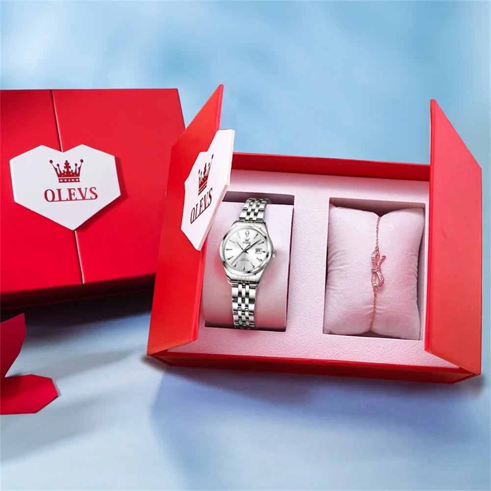 OLEVS-Reloj de cuarzo para mujer, cronógrafo sencillo, elegante y Original, resistente al agua, luminoso, con fecha, caja de regalo roja