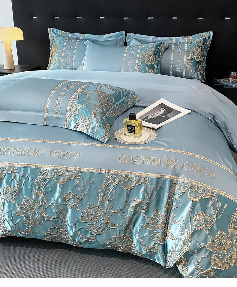 Juego de cama europeo de alta gama, juego de cuatro piezas de algodón de lujo, funda de edredón bordada de algodón, sábanas, sombreros, ropa de cama para personas mayores