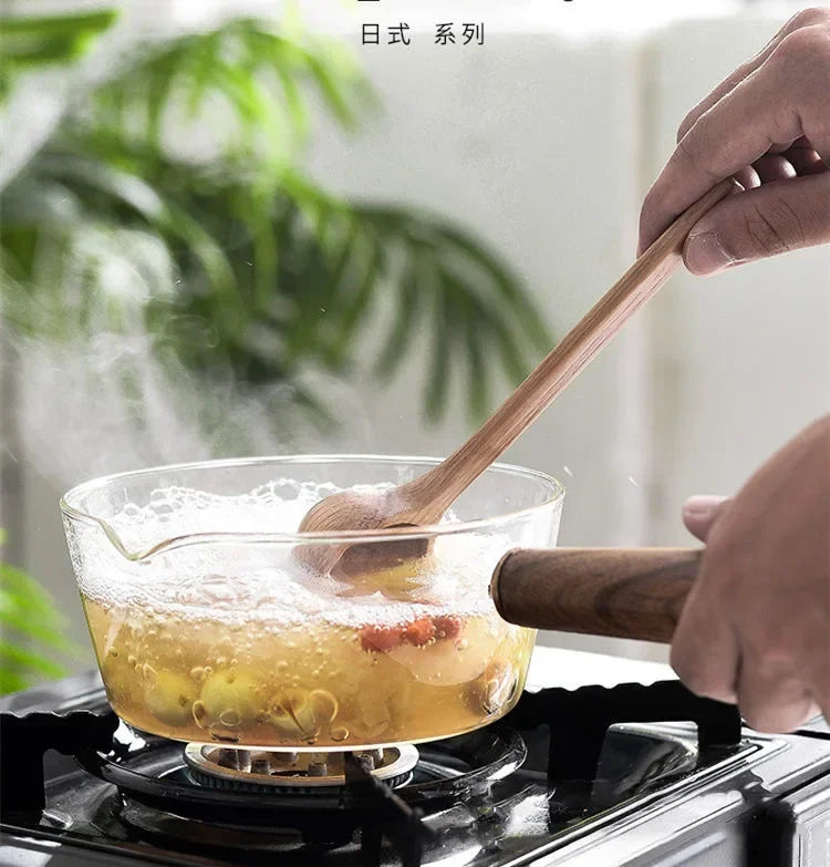 Olla de leche práctica con mango de madera y vidrio de 400/600ml, sartén para sopa, olla con mango de madera y vidrio, ollas estables de un solo mango, herramientas para cocinar