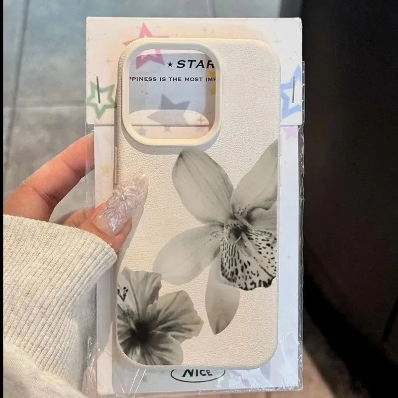 Funda de Teléfono con Patrón Floral en Blanco y Negro para iPhone 16 17 15 14 Pro Max 12 11 13 Plus 17 Air, Funda Protectora Suave con Patrón Lichee
