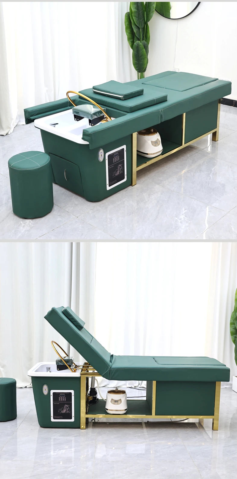 Mesa de Masaje Tailandesa de Diseño Moderno, Cama Eléctrica para Lavado de Cabello, Equipo de Spa Capilar, Cama Reclinable para Salón de Belleza con Lavabo de Cerámica y Reposapiés