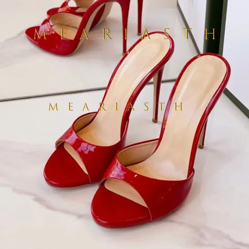 Mulas de cuero de Color caramelo para mujer, zapatos de tacón alto fino con punta abierta y punta abierta, zapatillas modernas sexis para fiesta para primavera y verano