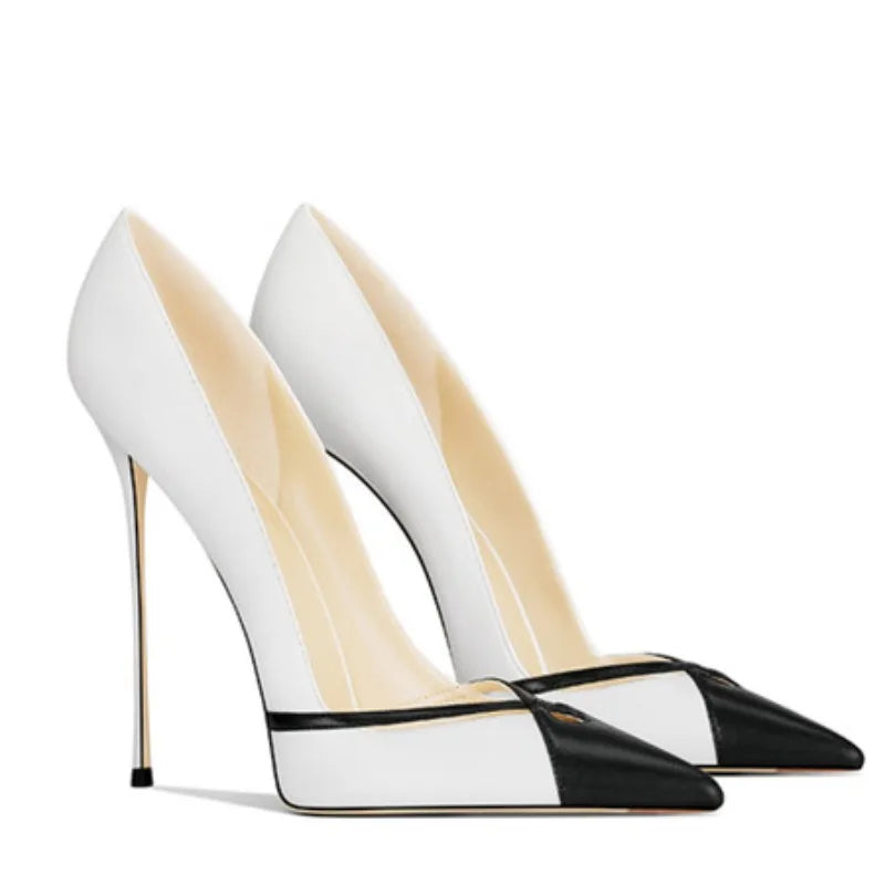 Zapatos de tacón alto de cuero blanco mate con punta puntiaguda y tacones de aguja poco profundos, zapatos de banquete sin cordones