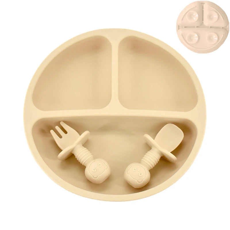 4 unids/set plato de comedor de silicona seguro para bebé, platos sólidos de dibujos animados para niños, juego de vajilla para bebé con cara sonriente, plato Retro para niños