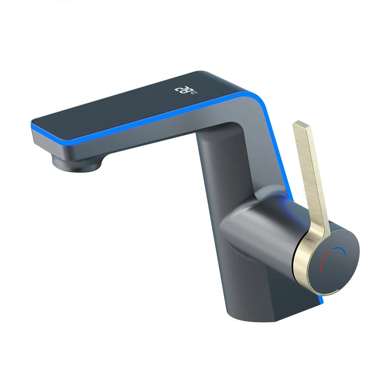 Grifo de lavabo de alta gama con pantalla de temperatura, luz LED, 2 modos de pulverización, mezclador de agua fría y caliente, grifo de lavabo de un solo orificio para baño