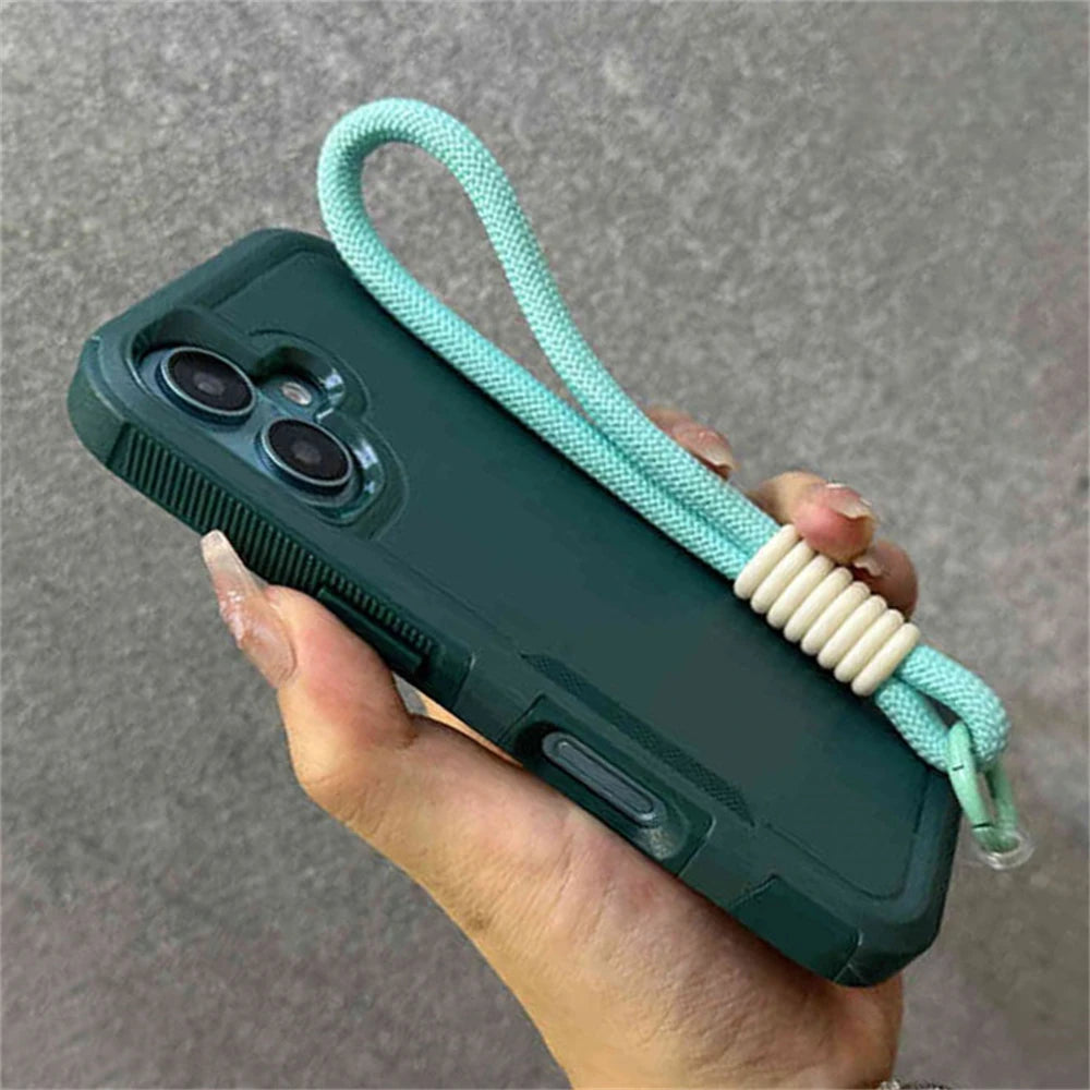 Armadura de parachoques híbrida de lujo, pulsera, correa para muñeca, cordón, funda de teléfono para iPhone 17 16 11 12 13 14 15 Pro Max XR, funda a prueba de golpes