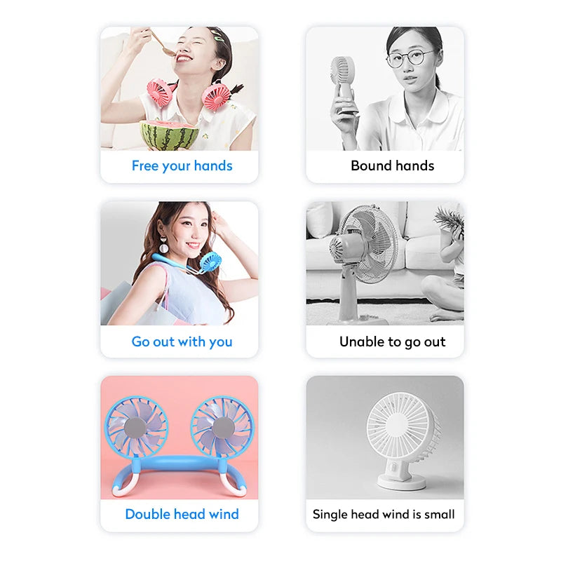 Ventilador portátil con USB para el hogar y la Oficina, miniventilador de cuello con manos libres, colgante, recargable, con 3 velocidades, ajustable