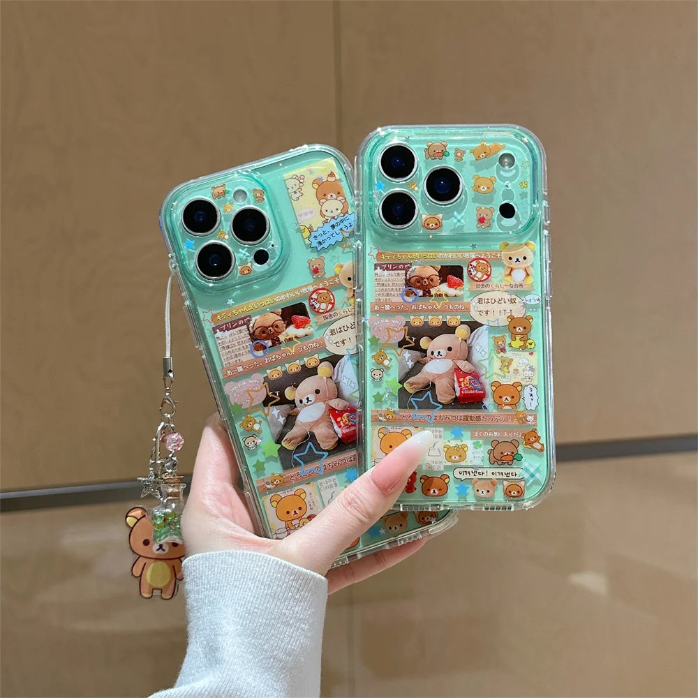 Funda de Teléfono con Dibujos Animados de Rilakkuma Kawaii para iPhone 17 16 15 Pro16 Max 17 Pro Max, Funda Protectora Bonita a Prueba de Golpes con Dijes