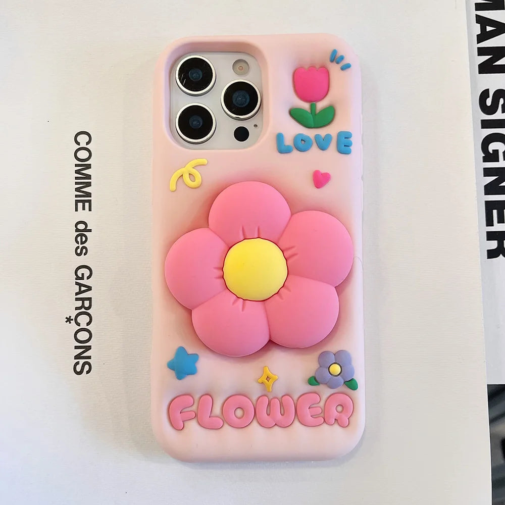Lindo soporte floral 3D funda de silicona suave soporte de flores cubierta para iPhone 16 15 14 13 12 11 Pro Max 7 8 Plus X XS Max XR