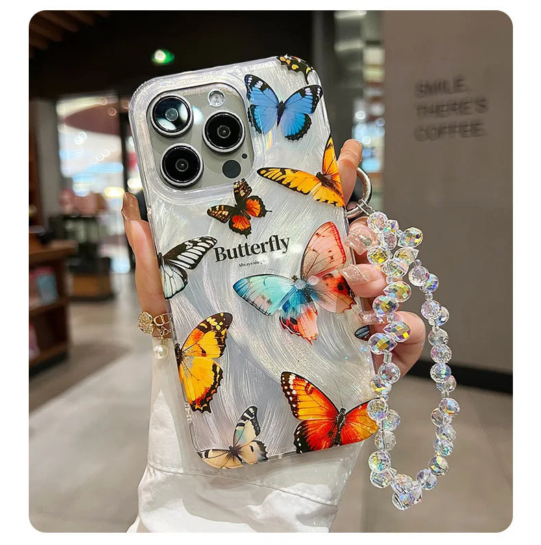 Funda de teléfono de arena con plumas graduales plateadas y mariposas de lujo para iPhone 16 15 14 13 12 11 Pro Max X XR 7 8 Plus, funda con cordón