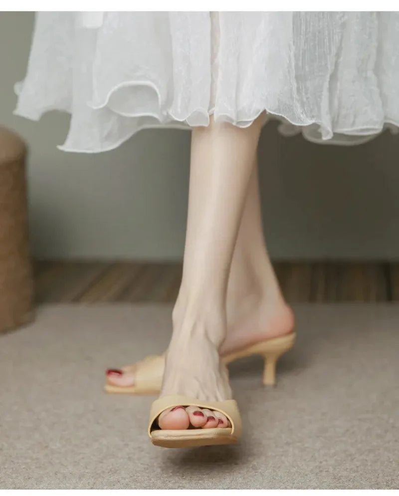 Pantuflas de Tacón Alto para Mujer, Pantuflas de Cuero Vacuno de Lujo, Pantuflas de Moda con Punta Cuadrada, Pantuflas de Tacón Alto con Punta Abierta para Verano