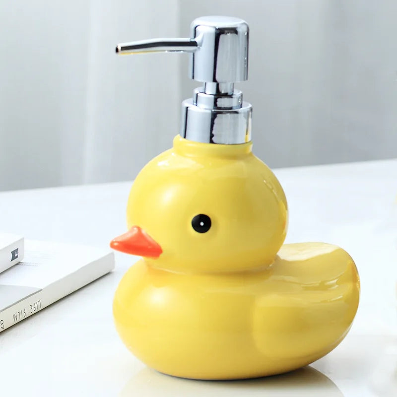 Dispensadores de jabón espumoso de pato amarillo de cerámica, botella desinfectante de manos de dibujos animados, dispensador de jabón, dispensador de champú para Baño