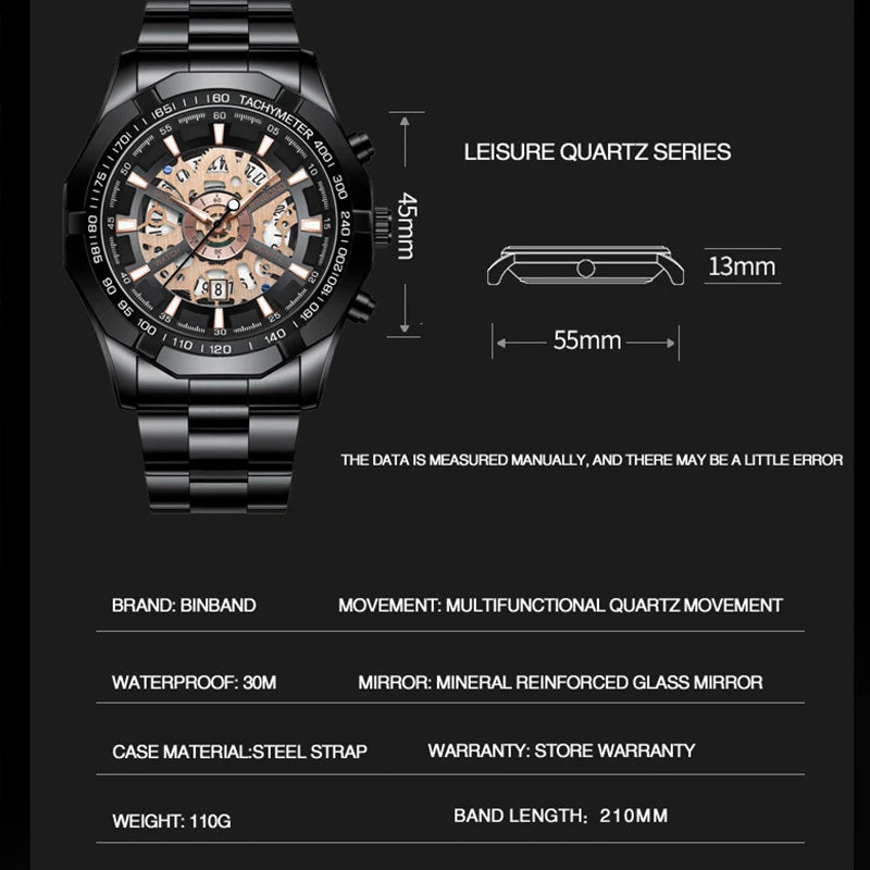 Relojes BINBONG de negocios para Hombre, Reloj de cuarzo luminoso con calendario resistente al agua para Hombre, Reloj de acero inoxidable para Hombre