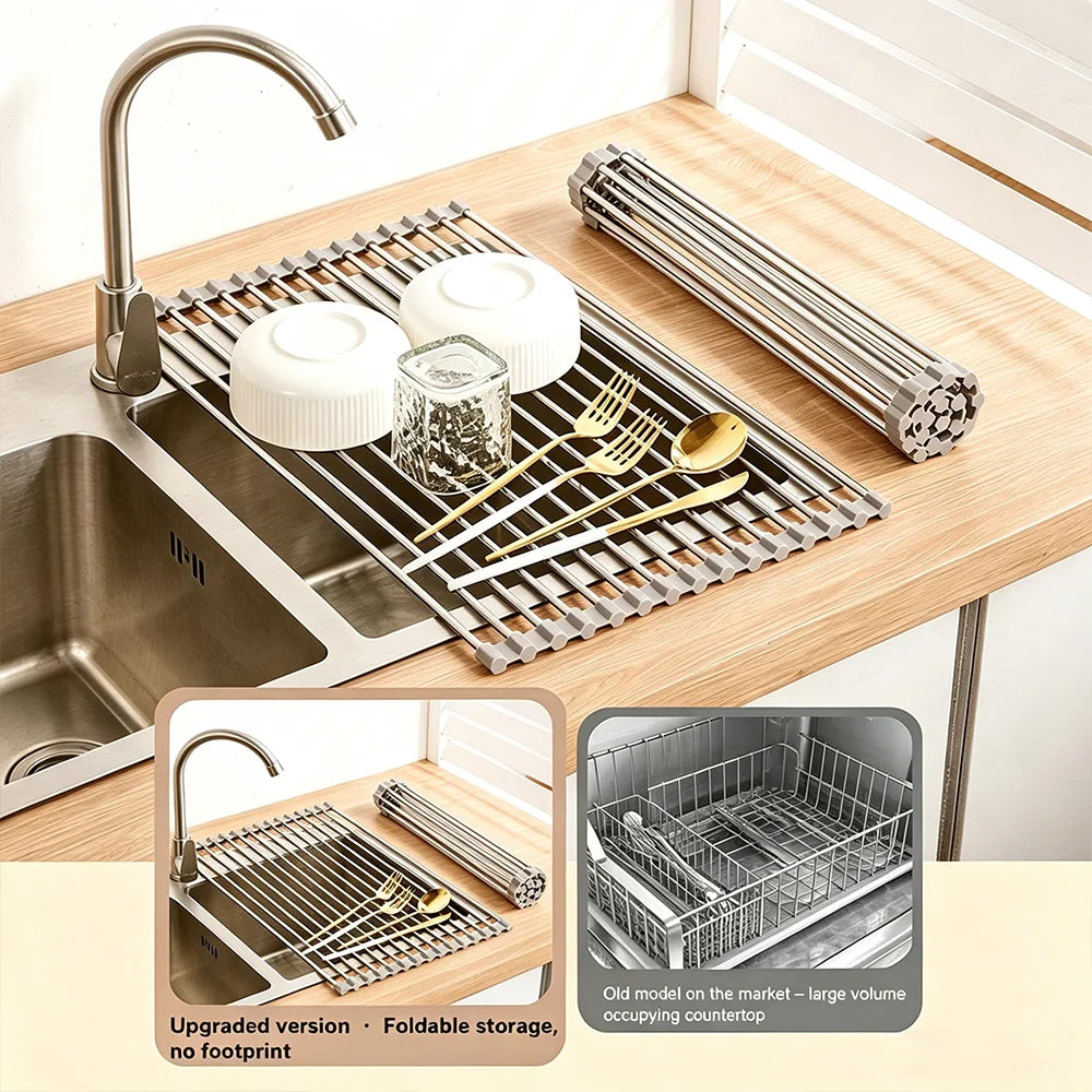 Escurridor de Platos Plegable de Acero Inoxidable, Ahorra Espacio, Organizador de Almacenamiento para Secar Platos, Frutas y Verduras en la Cocina