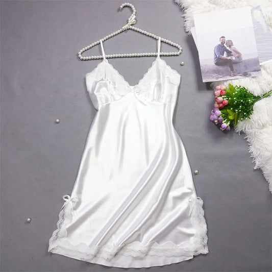 Vestido de pijama con lazo de encaje para mujer, camisón con tirantes de seda helada sin mangas dividido, ropa de dormir, camisón fino con tirantes, chica picante