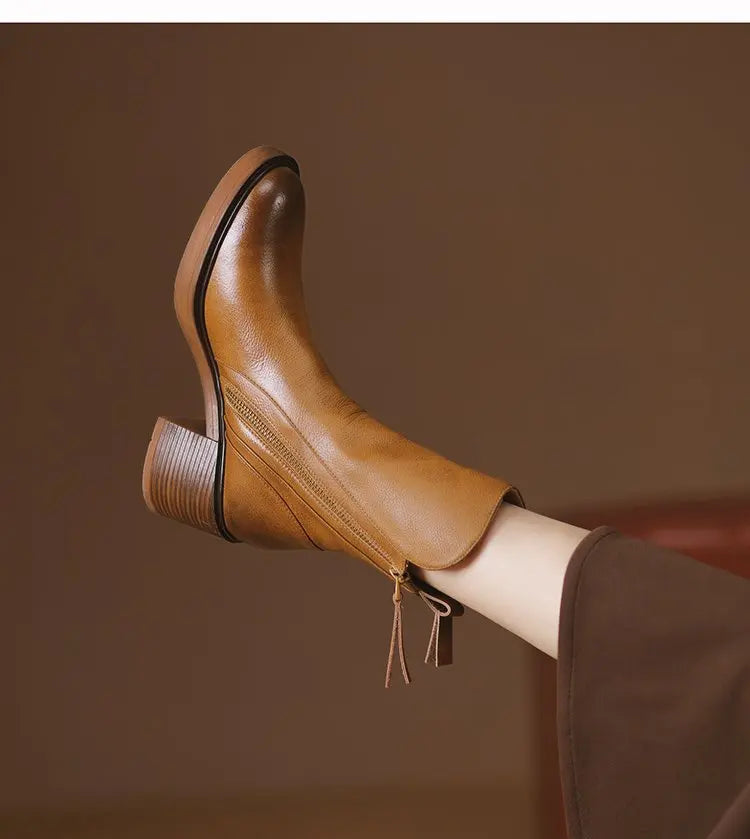 Botines de tacón alto para mujer, botas cortas de cuero con punta redonda, botas de tacón grueso, botines con cremallera lateral, tacón de plataforma para mujer