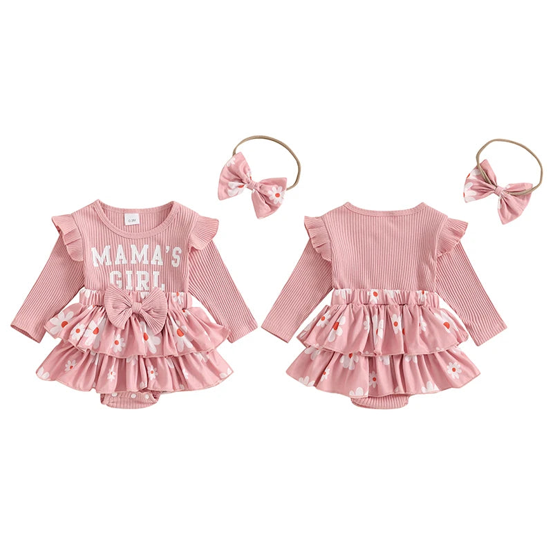 Conjunto de ropa para niña de 0 a 18 meses, pelele con estampado de flores y letras de manga larga, diadema con lazo, conjunto de ropa para niña pequeña