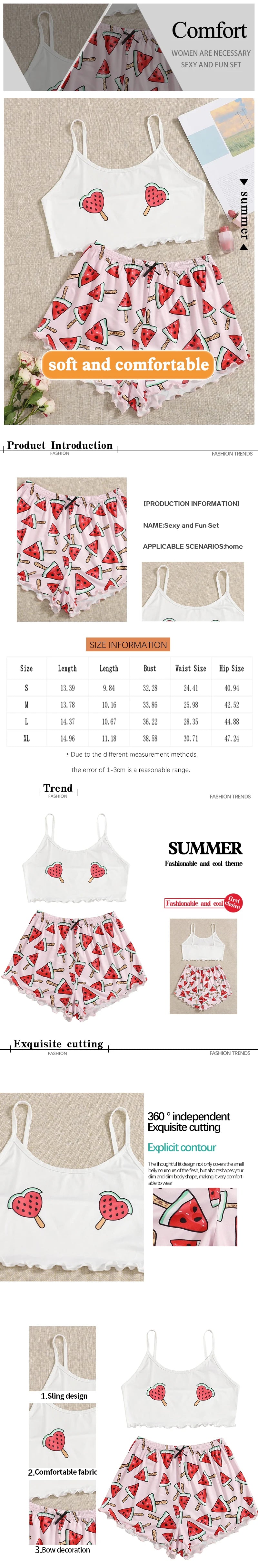 Conjunto de ropa de dormir de casa para mujer, ropa de dormir cómoda de dos piezas con tirantes de sandía, estampado rosa de seda de leche, novedad de verano
