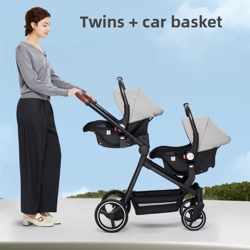 Nuevo cochecito doble de STOCK europeo con 2 asientos de coche, cochecito de bebé 3 en 1, multifuncional, ligero, portátil para niños dobles