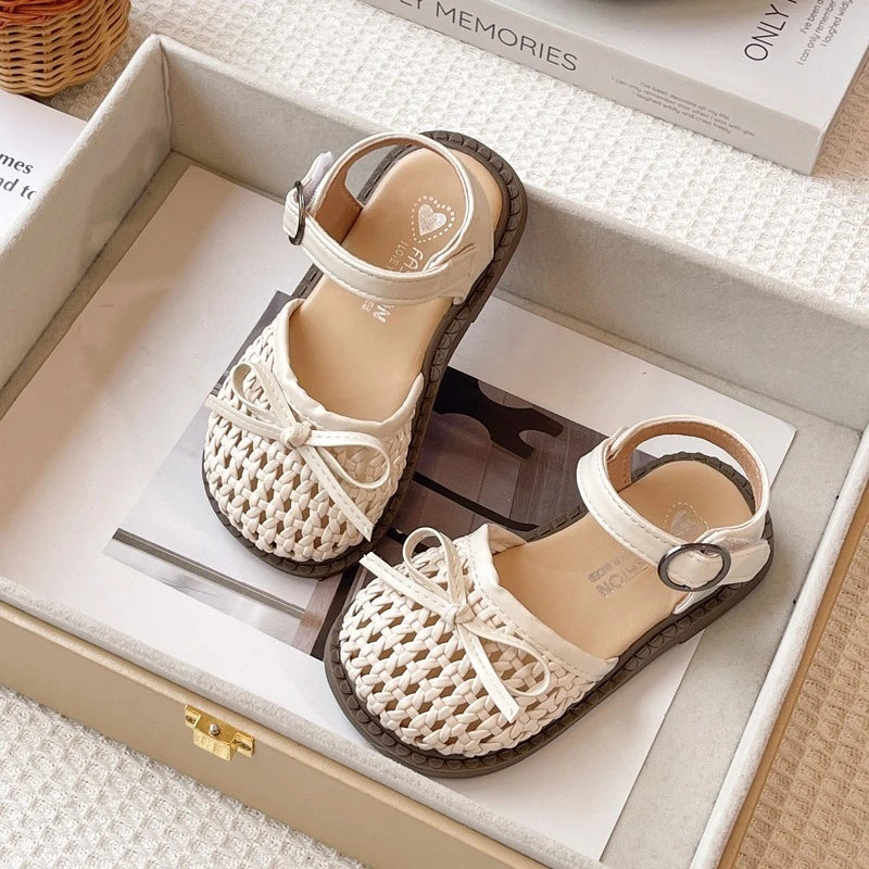Sandalias Casuales de Verano para Niñas, con Lazo, Tejidas, Planas, Antideslizantes, con Diseño Calado, para la Playa, la Escuela y el Uso Diario