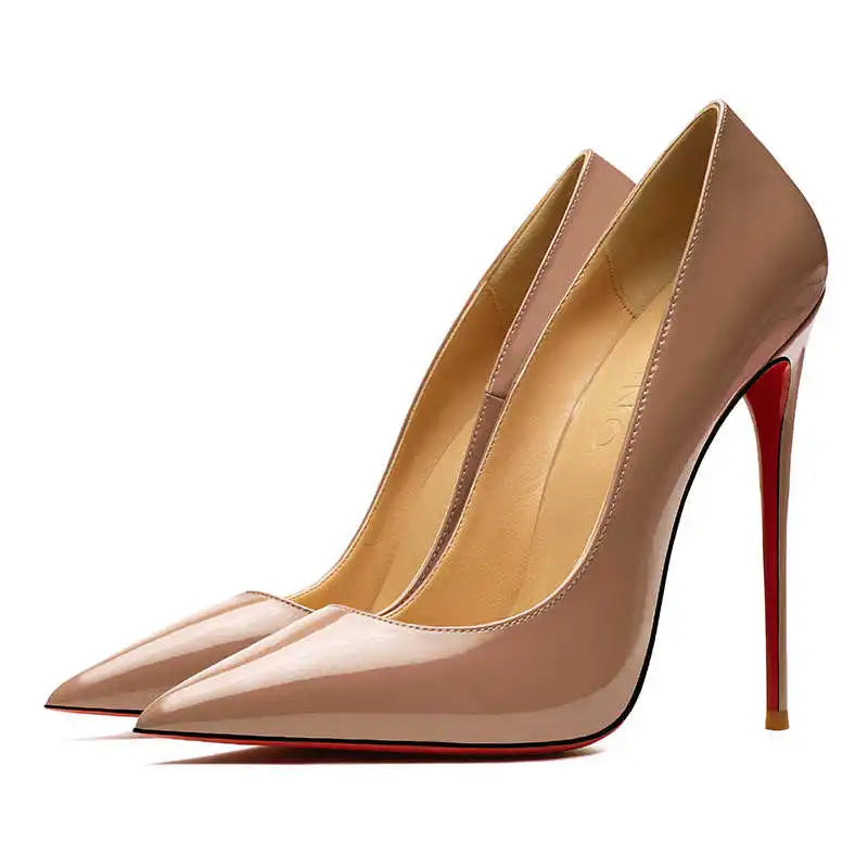 Zapatos de mujer 2025, marca de lujo, zapatos de tacón con suela roja, fondo rojo, puntiagudos, tacones altos de diseñador, zapatos elegantes de fiesta a la moda para mujer, 12cm