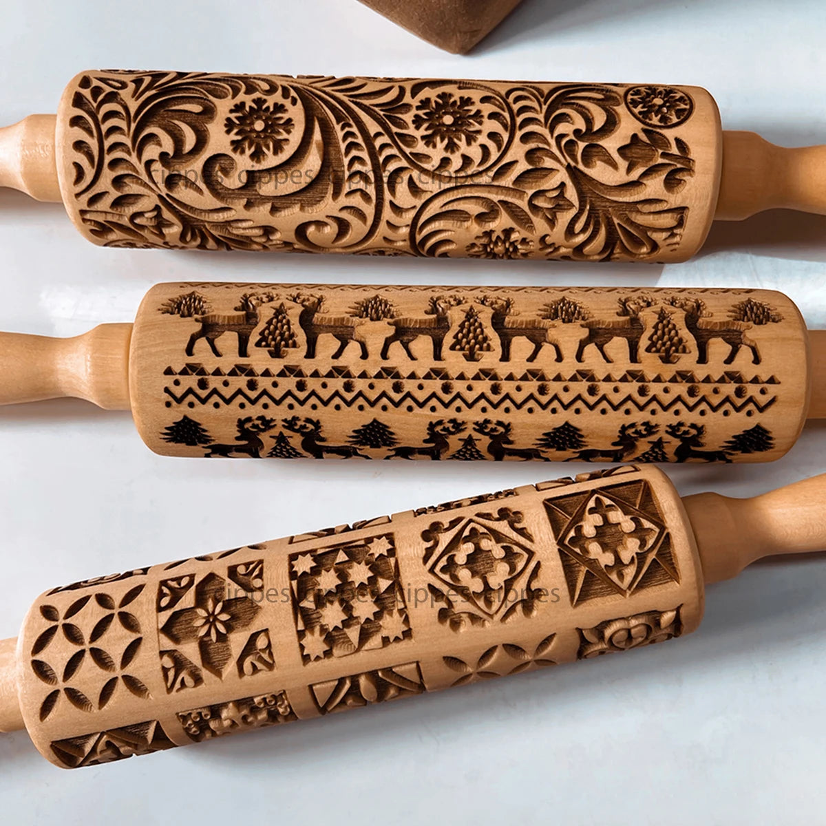 Rodillo navideño con patrones de flores de reno, molde para galletas 3D en relieve de madera grabado con láser, herramientas para hornear DIY, rodillo de masa