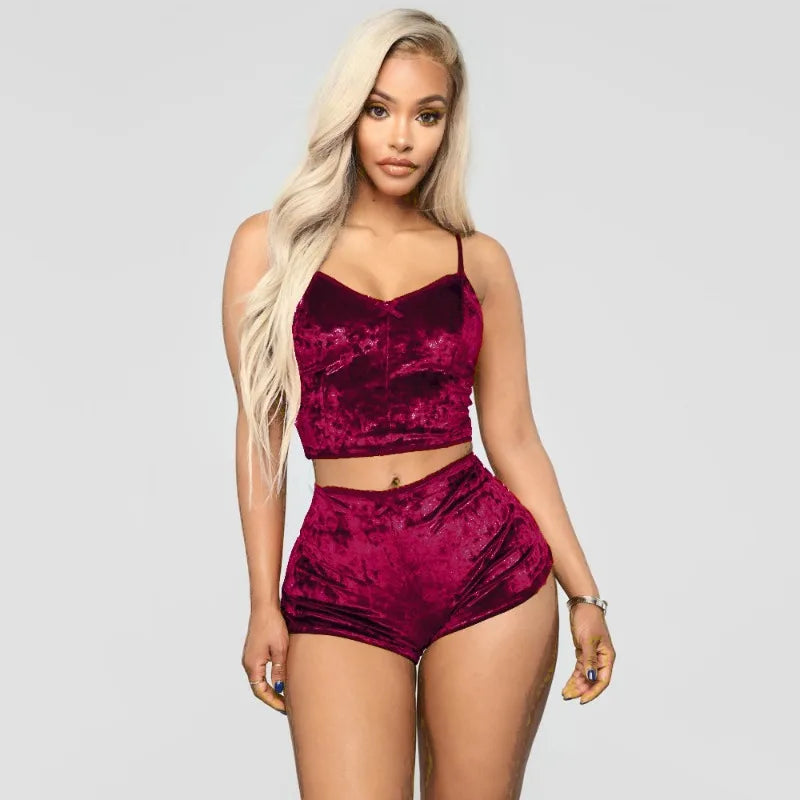 Conjunto de Pijamas para mujer, Pijamas sexis de terciopelo satinado de seda rosa y roja, ropa para dormir, bata, conjuntos de lencería Sexy, ropa de dormir