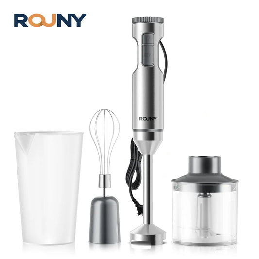 ROUNY Licuadora de inmersión manual 4 en 1 potente de 1000 W, batidora de alimentos con varilla de acero inoxidable, vaso mezclador de 700 ml, procesador de 500 ml, batidor