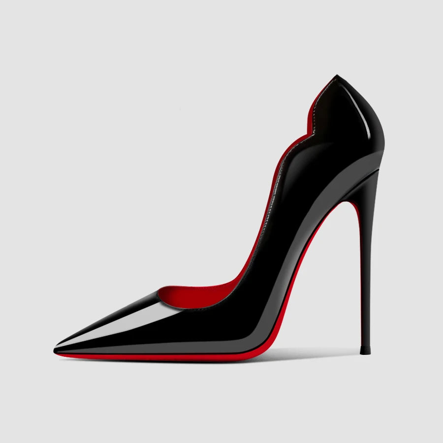 Nuevos tacones altos negros puntiagudos de 12 cm para mujer, tacones delgados con temperamento sexy, boca poco profunda, zapatos individuales con suela roja 34-46