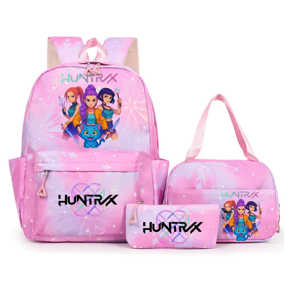 Conjunto de mochila con estampado de KPop Demon Hunters con bolsa para el almuerzo y estuche para lápices, mochila para exteriores de gran capacidad, ligera y transpirable