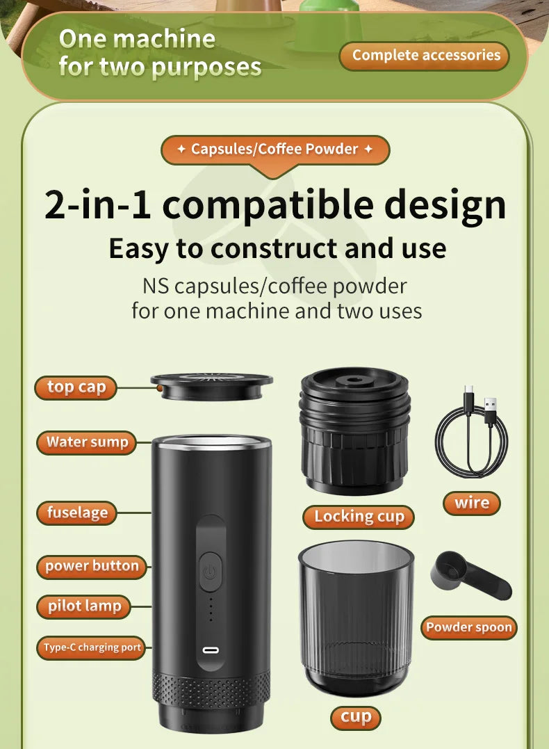 Cafetera Espresso eléctrica inalámbrica 2 en 1 para coche y hogar, cafetera portátil para acampar, cafetera de viaje en polvo cápsula
