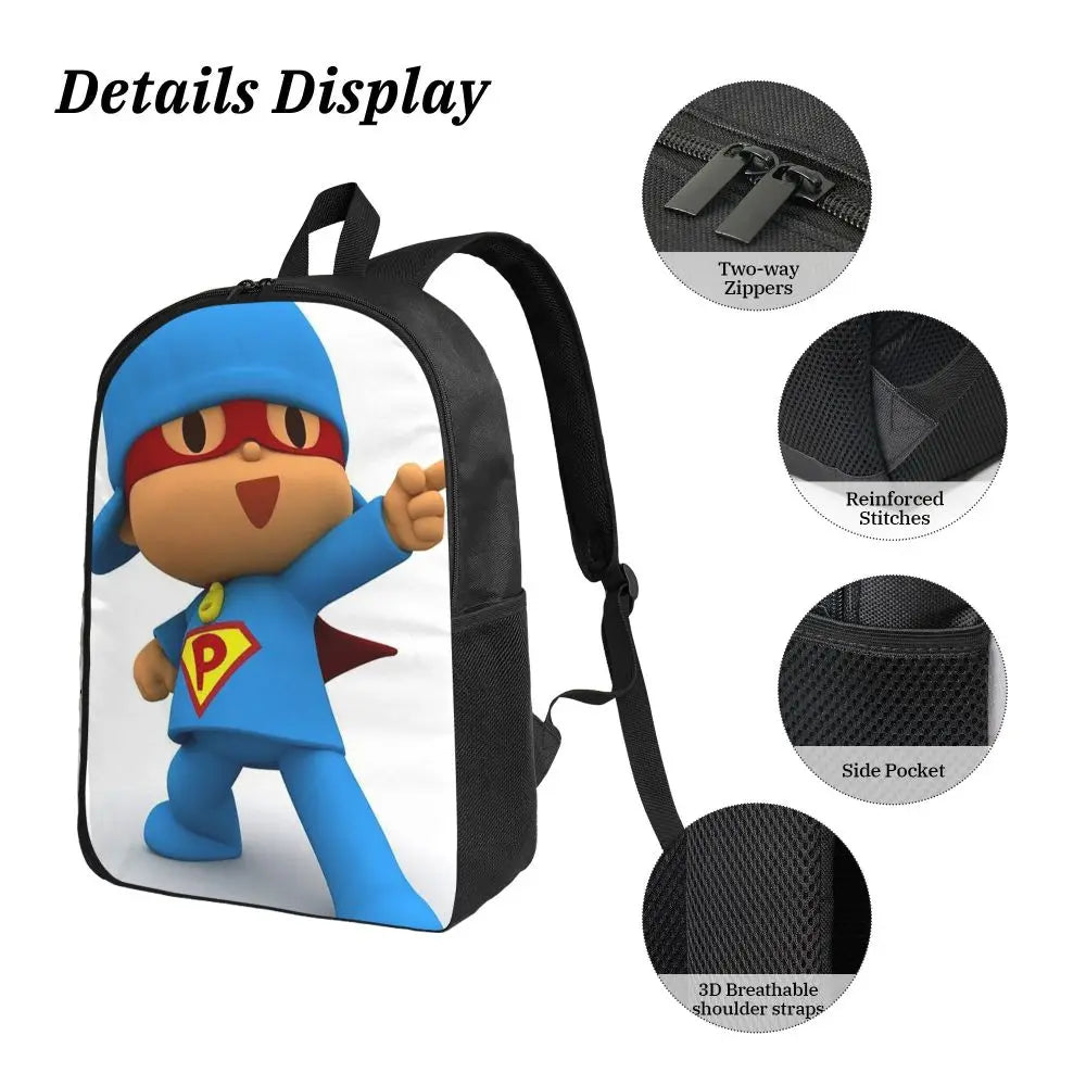 Mochila azul de dibujos animados de Pocoyo para niños, mochila escolar, bolsos de hombro para ordenador, bolsa de almuerzo aislada de 3 piezas, estuche para lápices