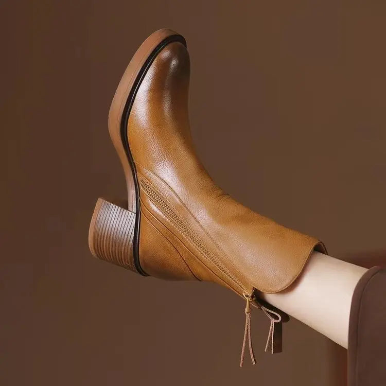 Botines de tacón alto para mujer, botas cortas de cuero con punta redonda, botas de tacón grueso, botines con cremallera lateral, tacón de plataforma para mujer