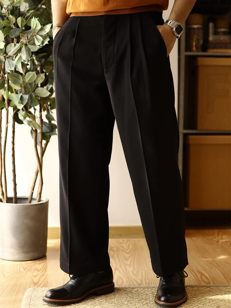 2025 pantalones de moda de primavera para hombre, pantalones rectos sueltos plisados de Color sólido, pantalones de traje transpirables de ocio para hombre, ropa para hombre