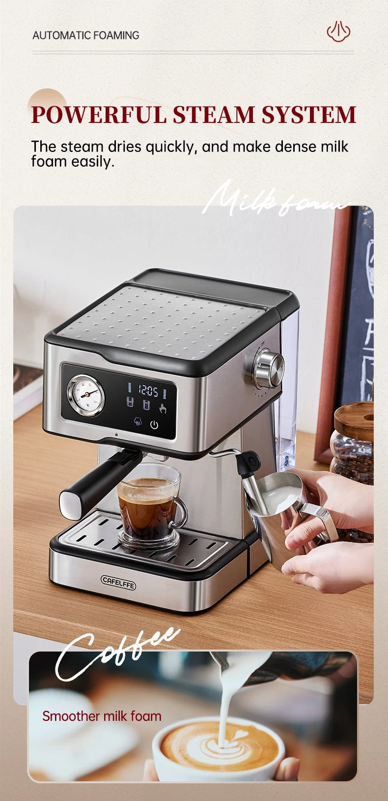 Cafetera Espresso Cafelffe de Acero Inoxidable con Vaporizador de Leche, Semiautomática, para Cappuccino, 20 Bares