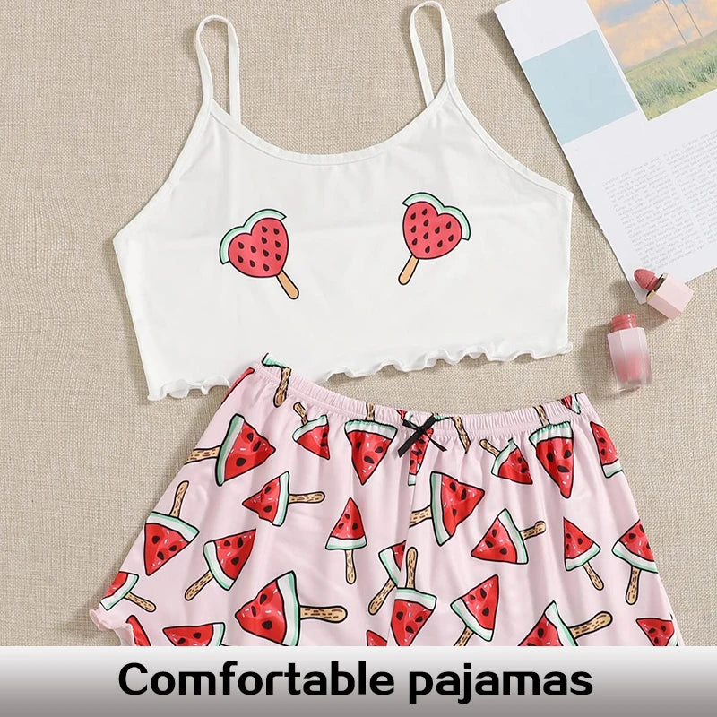 Conjunto de ropa de dormir de casa para mujer, ropa de dormir cómoda de dos piezas con tirantes de sandía, estampado rosa de seda de leche, novedad de verano