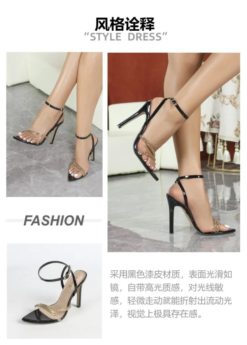 Sandalias de tacón alto para mujer, sandalias de tacón de aguja puntiagudas sexys, sandalias de moda con correa en el tobillo, sandalias con hebilla de una sola tira, sandalias de diseñador con cadena metálica