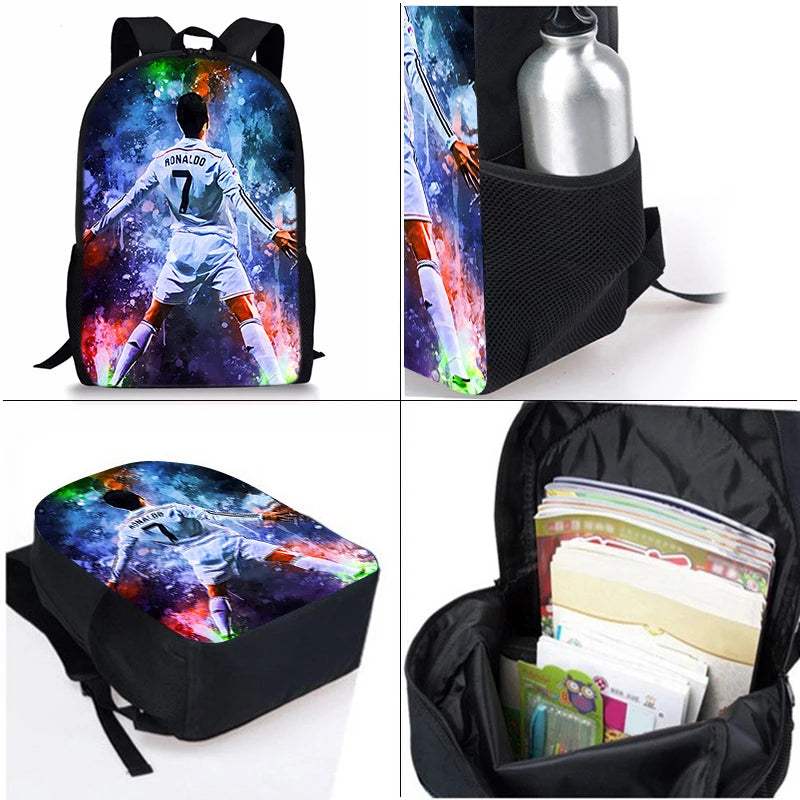 Juego de tres piezas de jugador de fútbol CR7, mochilas para niños y niñas, los mejores regalos, mochila escolar de dibujos animados en 3D para niños